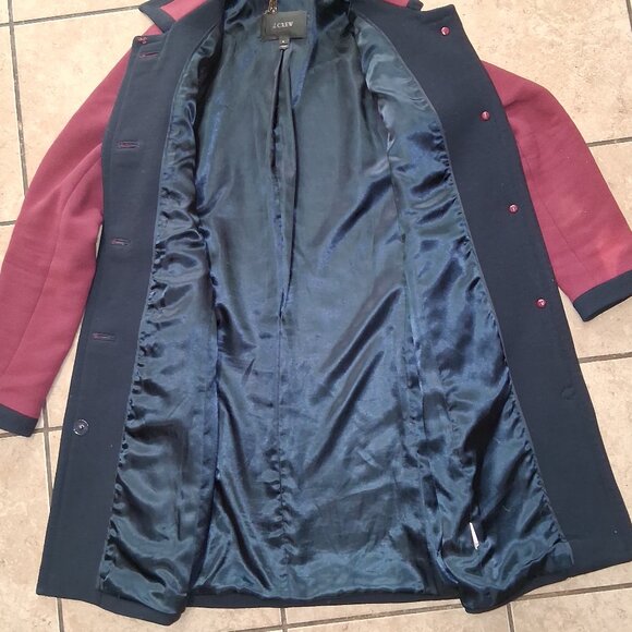 J Crew Wool Blend Lady Day Double Cloth Pea Coat Burgundy with Navy Trim - Picture 6 of 8